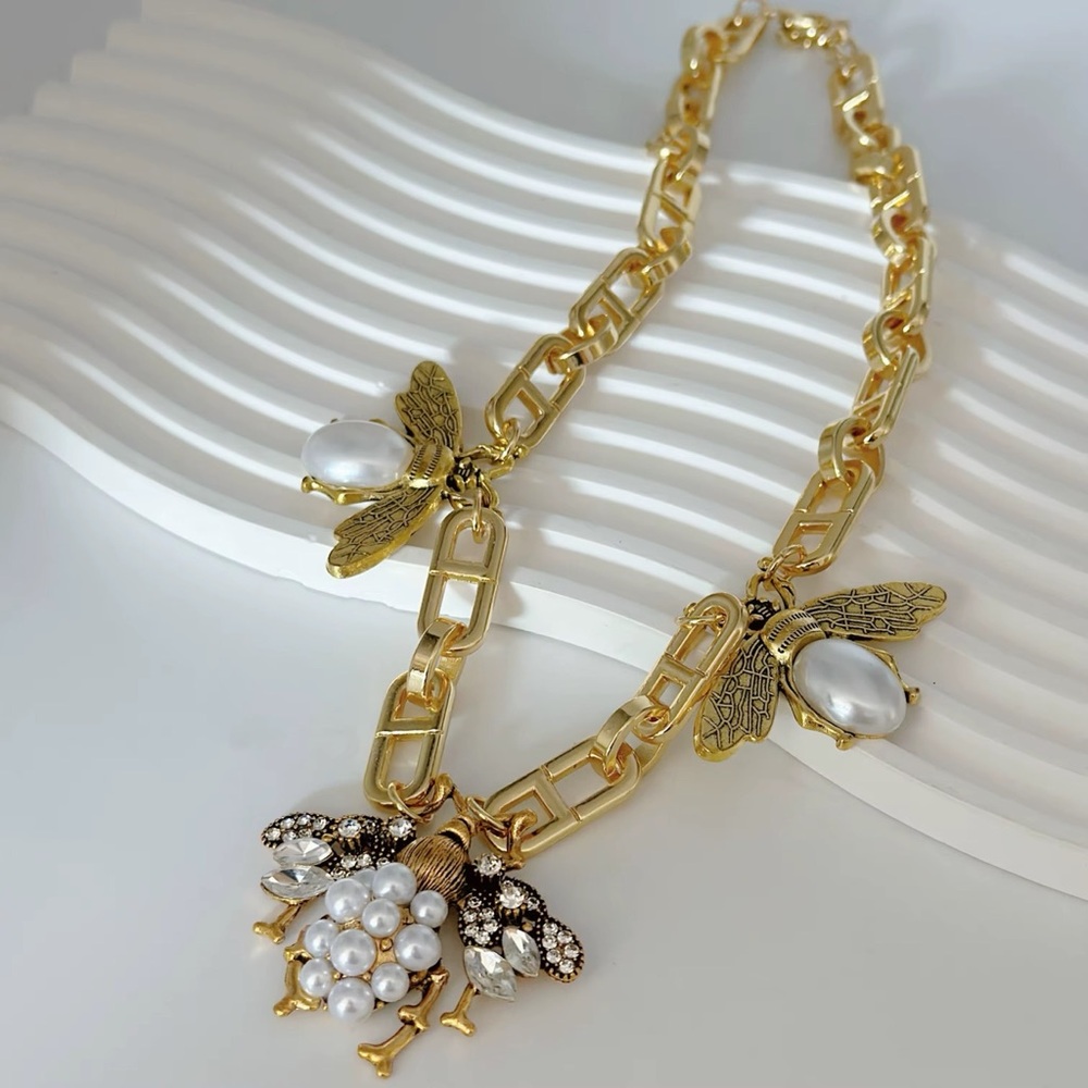 Gold Bee Pendant Necklace with Pearl Accents - Women Jewelry - Picture 2 of 5